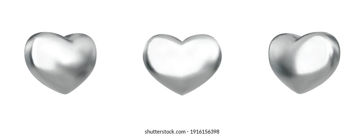 Vector 3d Metallic Heart. Realistic Glossy Silver 3d Hearts Set.