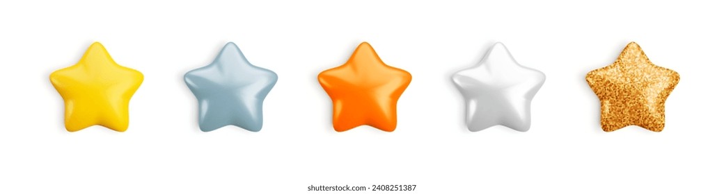 Vector 3d metallic stars icon set on white background. Cute realistic gold, silver, bronze, glitter cartoon 3d render, glossy sparkling star Illustration for customer rating, decoration, game, app.