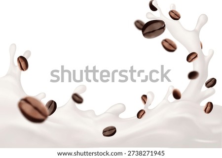 vector 3D milk splash with roasted coffee beans flying isolated Professional beverage element for dairy and cafe design concept