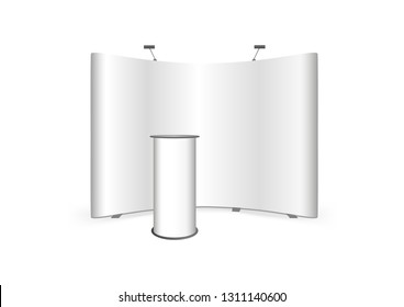 Vector 3d Mock Up Or Template Of Event Curved Pop Up Trade Show Stand Banner Display And Promotion Exhibition Event Or Bar Presentation Rounded Table, Promotion Counter Or Booth Isolated On White.