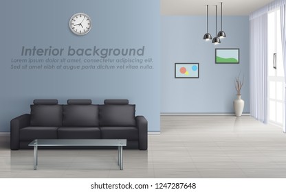 Vector 3d mockup of empty living room with black sofa, glass table, window with curtains, clock on blue wall. Modern lounge with couch, minimalist interior concept background. Template for roll banner