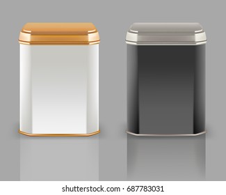 Vector 3d mockup. White and black square empty tin packaging, silver and golden lid. Tea, coffee, dry products. Place your design.