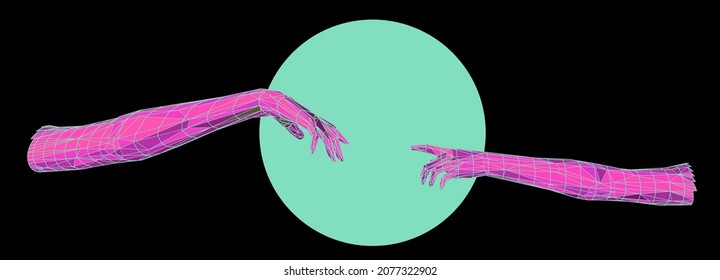 Vector 3D model of hands going to touch together, reminiscent of Michelangelo's artwork. Cyberpunk and vaporwave style art collage.