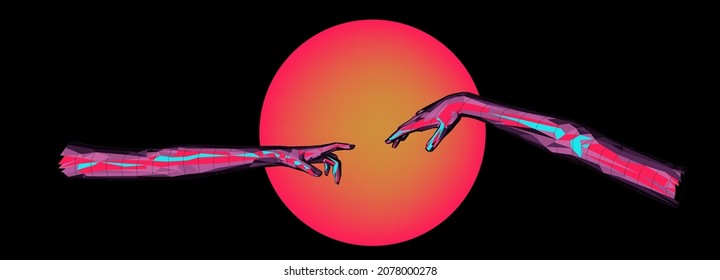 Vector 3D model of hands going to touch together, reminiscent of Michelangelo's artwork. Cyberpunk and vaporwave style art collage.