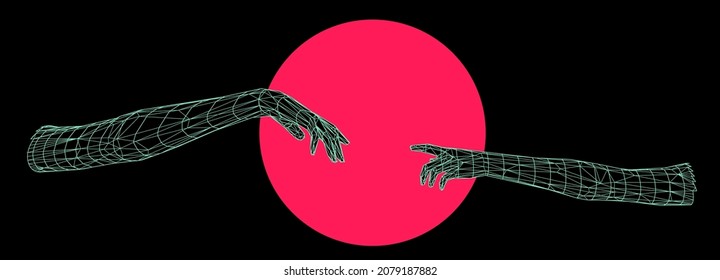Vector 3D model of hands going to touch together, reminiscent of Michelangelo's artwork. Cyberpunk and vaporwave style art collage.