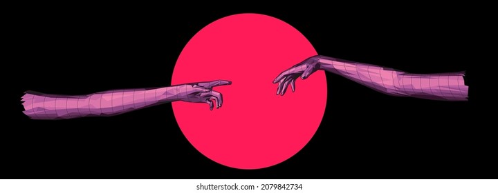 Vector 3D model of hands going to touch together, reminiscent of Michelangelo's artwork. Cyberpunk and vaporwave style art collage.