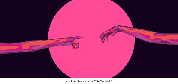 Vector 3D model of hands going to touch together Cyberpunk and vaporwave style art collage.