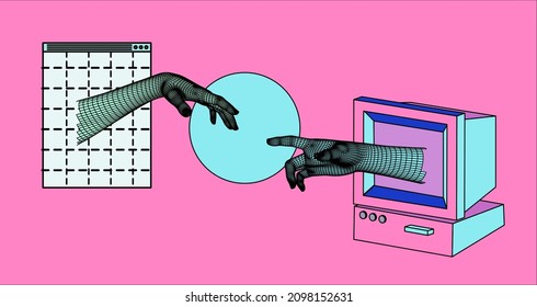 Vector 3D Model Of Hands Going To Touch Together And Old Retro Computer With CRT Monitor. Vaporwave Vintage Style Aesthetics.