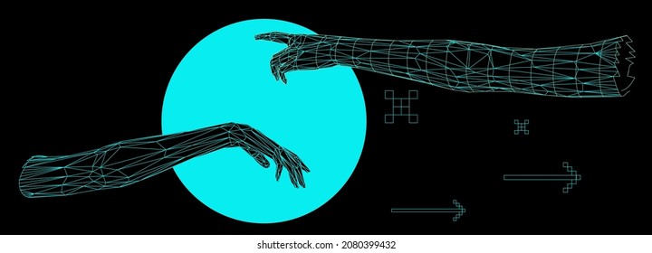 Vector 3D model of two hands going to touch together. Cyberpunk and vaporwave style art collage.