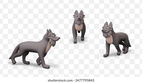 Vector 3D model of wolf, view from different sides. Gray predator, wild animal