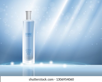 Vector 3D moisturizing cosmetic product, parfum for promotion of premium product. Colored spray in a milk glass bottle on a light blue background. Glare abstract vektor illustration. Modern brochure