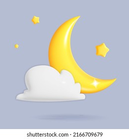 Vector 3d moon behind the dark cloud with tiny stars design. Cute cartoon illustration.