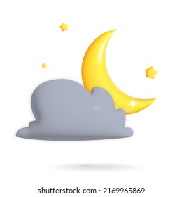 Vector 3d moon behind the dark cloud with tiny stars design. Cute good nght cartoon illustration.