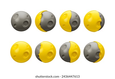 Vector 3d moon phases icon set. Lunar calendar design elements, isolated on white background. Cute cartoon planet emoji collection