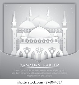 Vector 3d mosque muslim Paper Graphic Greeting Card. Translation : Ramadan Kareem