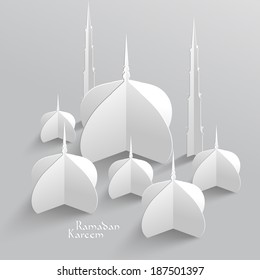 Vector 3D Mosque Paper Sculpture. Translation: Ramadan Kareem - May Generosity Bless You During The Holy Month.