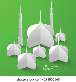 Vector 3D Mosque Paper Sculpture. Translation: Ramadan Kareem - May Generosity Bless You During The Holy Month.