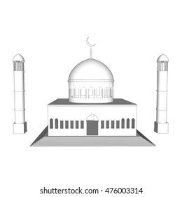 Vector 3d mosque silhouette in night sky with crescent moon and star