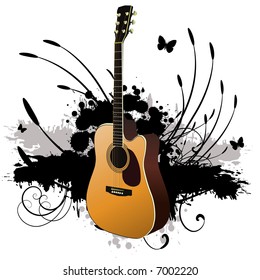 Vector - 3D music guitar against a grunge ink splat background with vines and florals.