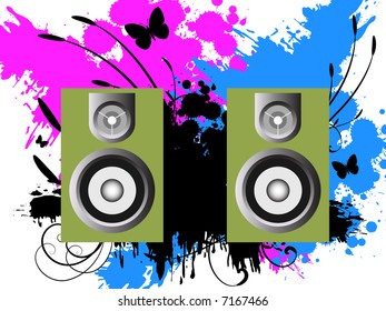 Vector - 3D music speakers against a grunge ink splat background with vines and florals.