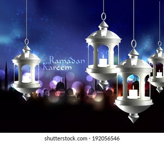 Vector 3D Muslim Oil Lamp. Translation: Ramadan Kareem - May Generosity Bless You During The Holy Month.