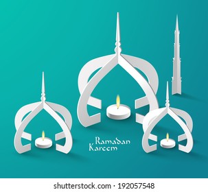 Vector 3D Muslim Paper Sculpture Oil Lamp. Translation: Ramadan Kareem - May Generosity Bless You During The Holy Month.