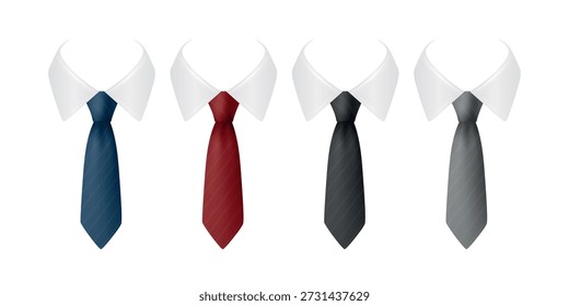 Vector 3d Necktie Set with White Collar Shirts, Isolated. Blue, Red Black, Gray Classic Men s Business Tie Icons. Formal Office Dress Code Accessories for Suit, Fashion Design, Apparel Mockups