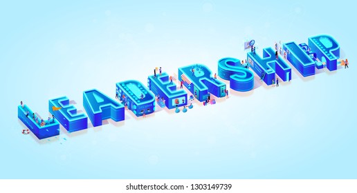 Vector 3d Neon Isometric Word Leadership on Light Blue Gradient Background. Tiny People Moving Among Big Letters, Use New Tech, Data Server and Devices in Life for Shopping, Online Education, Work.