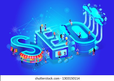Vector 3d Neon Isometric Word Seo on Gradient Blue Neural Network Background. Little People at Huge Letters Using Futuristic Technology and Devices for Online Education, Shopping, Sport, Info Research