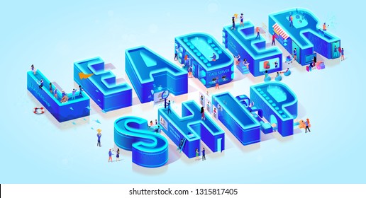 Vektor 3d Neon Isometrische Wortführung auf hellblauem Farbverlauf-Hintergrund. Kleine Menschen bewegen sich zwischen riesigen Buchstaben, mit Futuristischen Technologien und Geräten im Leben zum Einkaufen, Lernen, Arbeiten.