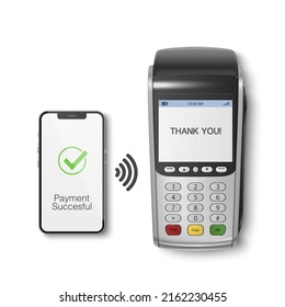 Vector 3d NFC Zahlungsmaschine und Smartphone. Zahlung erfolgreich. Genehmigte Transaktion. POS Terminal, Maschine, Telefon einzeln. Design Template für Bank Payment Wireless kontaktloses Terminal, Mockup