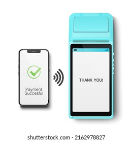 Vector 3d NFC Payment Machine and Smartphone. Payment Succesful. Approved Transaction. POS Terminal, Machine, Phone Isolated. Design Template of Bank Payment Wireless Contactless Terminal, Mockup