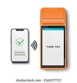 Vector 3d NFC Payment Machine and Smartphone. Payment Succesful. Approved Transaction. POS Terminal, Machine, Phone Isolated. Design Template of Bank Payment Wireless Contactless Terminal, Mockup