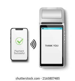 Vector 3d NFC Payment Machine and Smartphone. Payment Succesful. Approved Transaction. POS Terminal, Machine, Phone Isolated. Design Template of Bank Payment Wireless Contactless Terminal, Mockup