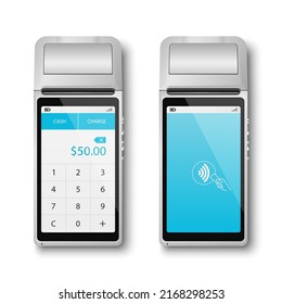 Vector 3d NFC Payment Machine Set Isolated. Wi-fi, Wireless Payment. Screen with Amount and Wifi Sign. POS Terminal, Machine Design Template of Bank Payment Contactless Terminal, Mockup