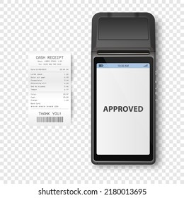 Vector 3d NFC Payment Machine with Approved Status and Paper Bill, Receipt Isolated. Wi-fi, Wireless Payment. POS Terminal, Machine Design Template, Bank Payment Contactless Terminal, Mockup. Top VIew