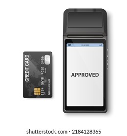 Vector 3d NFC Payment Machine with Approved Status and Black Credit Card Isolated. Wi-fi, Wireless Payment. POS Terminal, Machine Design Template, Bank Payment Contactless Terminal, Mockup. Top VIew