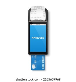 Vector 3d NFC Payment Machine, Credit Card, Receipt Isolated. Approved Payment Status. Wi-fi, Wireless Payment. POS Terminal, Machine Design Template, Bank Contactless Terminal, Mockup. Top VIew