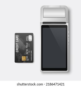 Vector 3d NFC Payment Machine and Credit Card. Wi-fi, Wireless Payment. POS Terminal, Machine Design Template of Bank Payment Contactless Terminal, Mockup.  