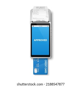 Vector 3d NFC Payment Machine with Approved Status, Credit Card and Receipt. Wi-fi, Wireless Payment. POS Terminal, Machine Design Template of Bank Payment Contactless Terminal, Mockup. Top VIew