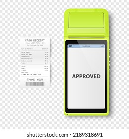 Vector 3d NFC Payment Machine, Approved Status and Paper Check, Receipt Isolated. Wi-fi, Wireless Payment. POS Terminal, Machine Design Template of Bank Payment Contactless Terminal, Mockup. Top VIew
