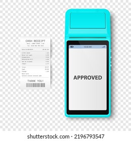 Vector 3d NFC Payment Machine with Approved Status, Paper Check, Receipt Isolated. Wi-fi, Wireless Payment. POS Terminal, Machine Design Template of Bank Payment Contactless Terminal, Mockup. Top