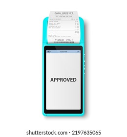 Vector 3d NFC Payment Machine with Approved Status, Paper Check, Receipt Isolated. Wi-fi, Wireless Payment. POS Terminal, Machine Design Template of Bank Payment Contactless Terminal, Mockup. Top VIew