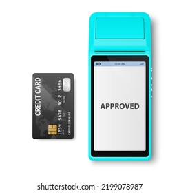 Vector 3d NFC Payment Machine with Approved Status and Credit Card Isolated. Wi-fi, Wireless Payment. POS Terminal, Machine Design Template of Bank Payment Contactless Terminal, Mockup. Top VIew