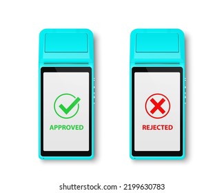 Vector 3d NFC Payment Machine with Approved and Rejected Status Isolated on White. Wi-fi, Wireless Payment. POS Terminal, Machine Design Template of Bank Payment Contactless Terminal, Mockup. Top VIew