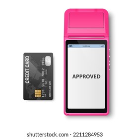 Vector 3d NFC Payment Machine with Approved Status and Credit Card Isolated. Wi-fi, Wireless Payment. POS Terminal, Machine Design Template of Bank Payment Contactless Terminal, Mockup. Top View