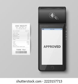 Vector 3d NFC Payment Machine with Approved Status, Paper Check, Receipt Isolated. Wi-fi, Wireless Payment. POS Terminal, Machine Design Template of Bank Payment Contactless Terminal, Mockup. Top VIew