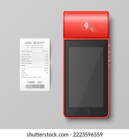 Vector 3d NFC Payment Machine with Approved Status, Paper Check, Receipt Isolated. Wi-fi, Wireless Payment. POS Terminal, Machine Design Template of Bank Payment Contactless Terminal, Mockup. Top VIew