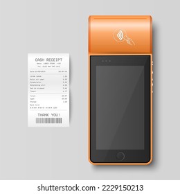 Máquina de pago Vector 3d NFC con estado aprobado, cheque en papel, recibo aislado. Wi-Fi, pago móvil. Terminal POS, plantilla de diseño de máquina de terminal sin contacto de pago bancario, Mockup. Top VIew