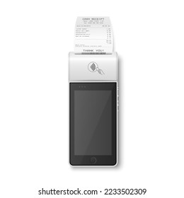 Vector 3d NFC Payment Machine with Approved Status, Paper Check, Receipt Isolated. Wi-fi, Wireless Payment. POS Terminal, Machine Design Template of Bank Payment Contactless Terminal, Mockup. Top VIew